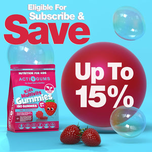 Kids Multi Vitamins 180 Vegan Gummies | Strawberry Flavour | Pouch with 9 Essential Vitamins A, D, E, C, B3, B6, B12, B5 & Iodine | Resealable & Recyclable | Suitable for Kids Age 5+ by Activgums®
