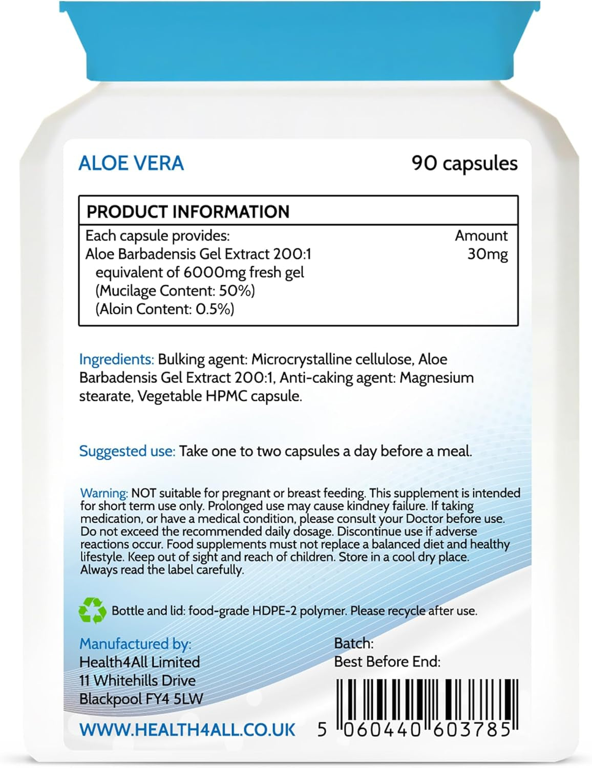 Health4All Aloe Vera Gel Extract 6000Mg 90 Capsules, Digestive Health Detox Supplement, Support for Leaky Gut, Acid-Alkaline and Ph Balance, Pure Vegan Cleanse Capsules (Not Tablets) | Made in UK