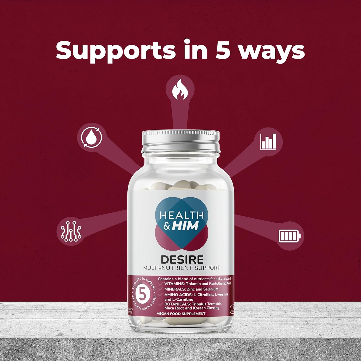 Health & Him Desire Supplements for Men - 60 Capsules - Supplements for Men with Maca Root & Korean Ginseng - Vegan, Gluten-Free