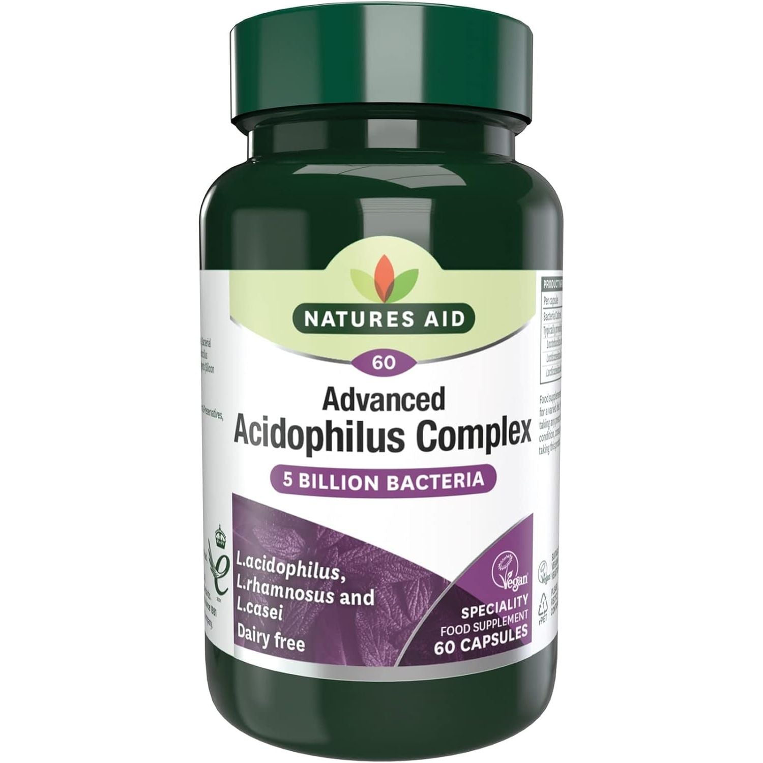 Natures Aid Acidophilus Complex 5 Billion CFU – High Strength Probiotic Supplement 5 Billion Live Bacteria – Supports Digestive Health & Gut Flora – Vegan, Gluten Free, Non-Gmo – 60 Capsules