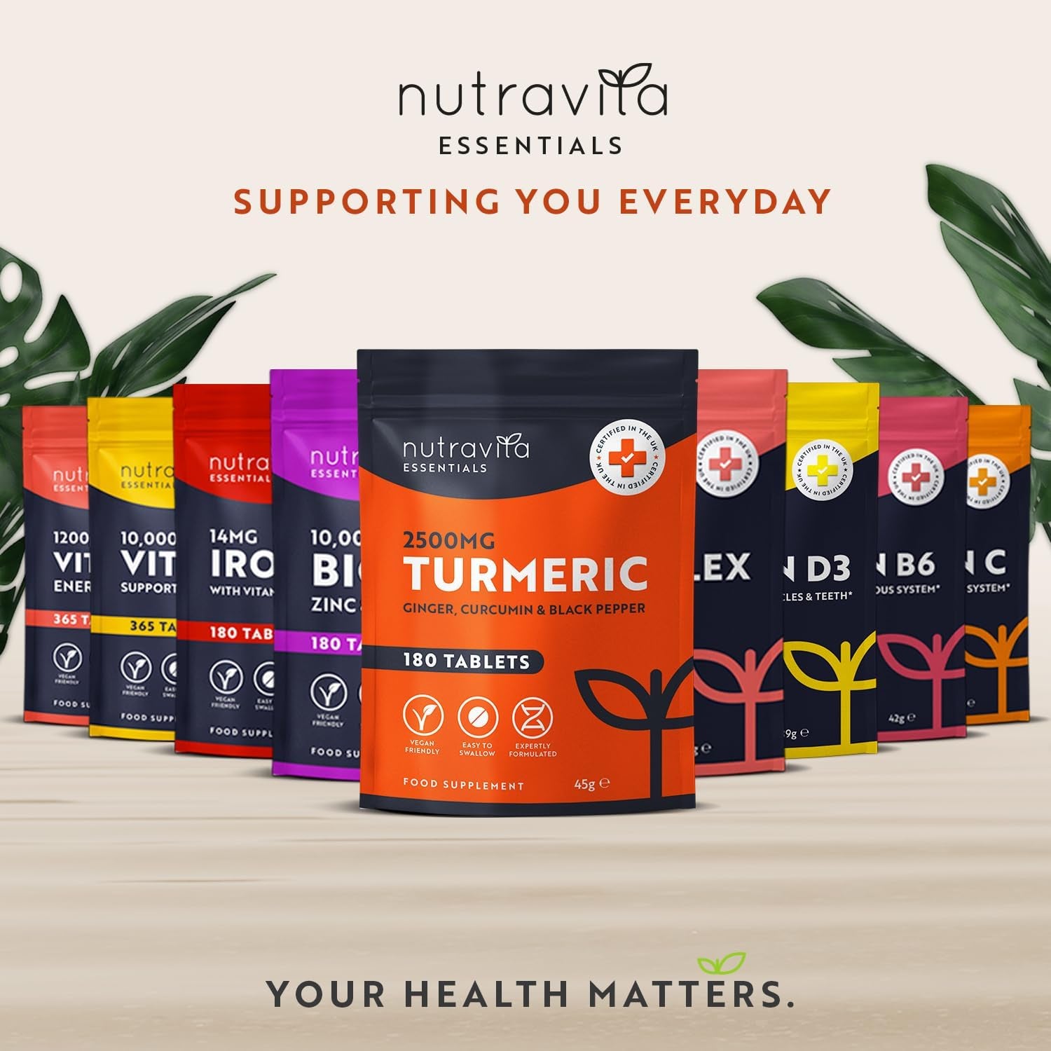 Turmeric Tablets 2500Mg with Black Pepper, Ginger & Curcumin - 180 High Strength Tumeric Supplements (3 Month Supply) - Vegan - Alternative to Capsules - Letterbox Friendly - Made in UK - Nutravita