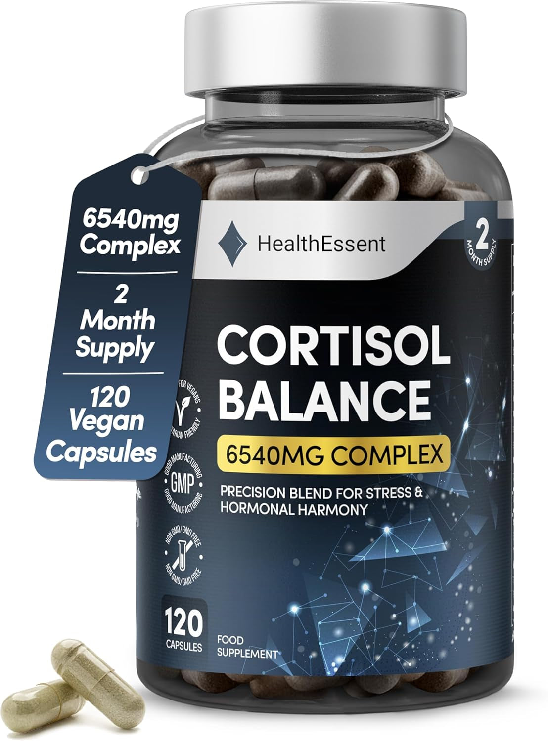 Cortisol Blend 6540Mg, Cortisol Reducing and Hormonal Harmony with Ashwagandha, Rhodiola Rosea, Magnesium, L-Theanine & L-Tyrosine - Cortisol Lowering Supplements – 120 Capsules by Healthessent