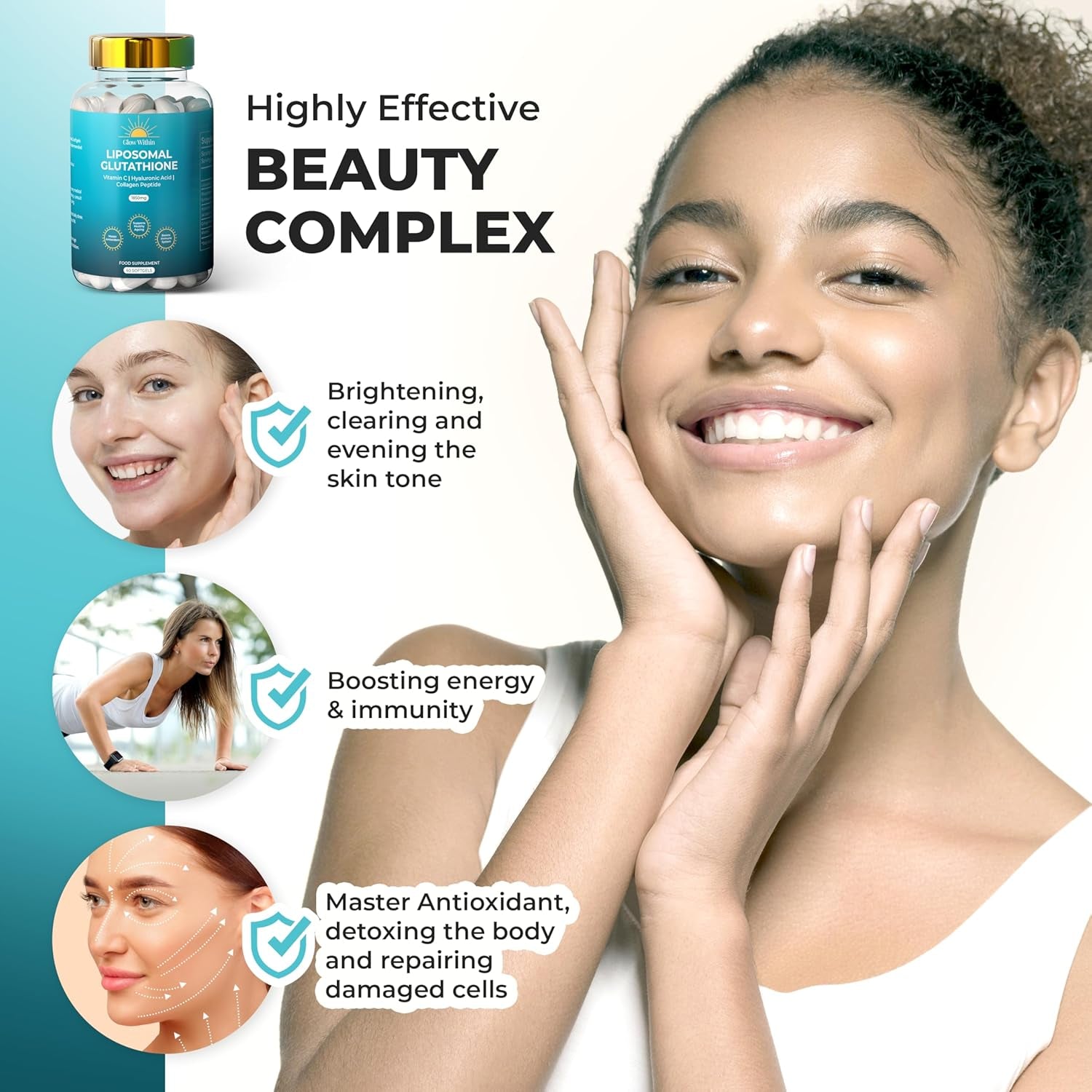 Glow within Liposomal Glutathione 1850Mg per Serving | Glutathione Supplement Capsules with Vitamin C | Master Antioxidant, Healthy Ageing, Boosts Immune System | 4X Higher Absorption (60 Softgels)