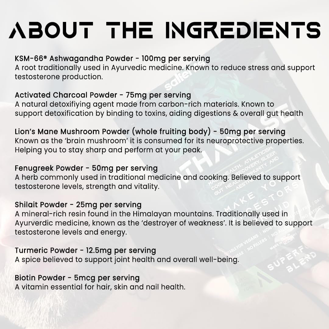 SALIENTS® ATHANASE® | Men'S Super Greens Powder | Superfood Powder Blend | Includes Maca Root, Guarana, Ashwagandha, Lions Mane, Shilajit, Fenugreek & More | 250G & 50 Servings | UK