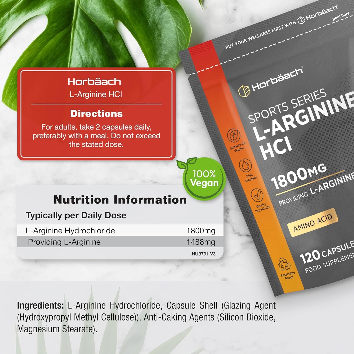 L-Arginine Supplement 1800Mg | 120 Vegan Capsules | High Strength Amino Acids Capsules for Pre and Post Workout | Keto Diet Friendly | by Horbaach