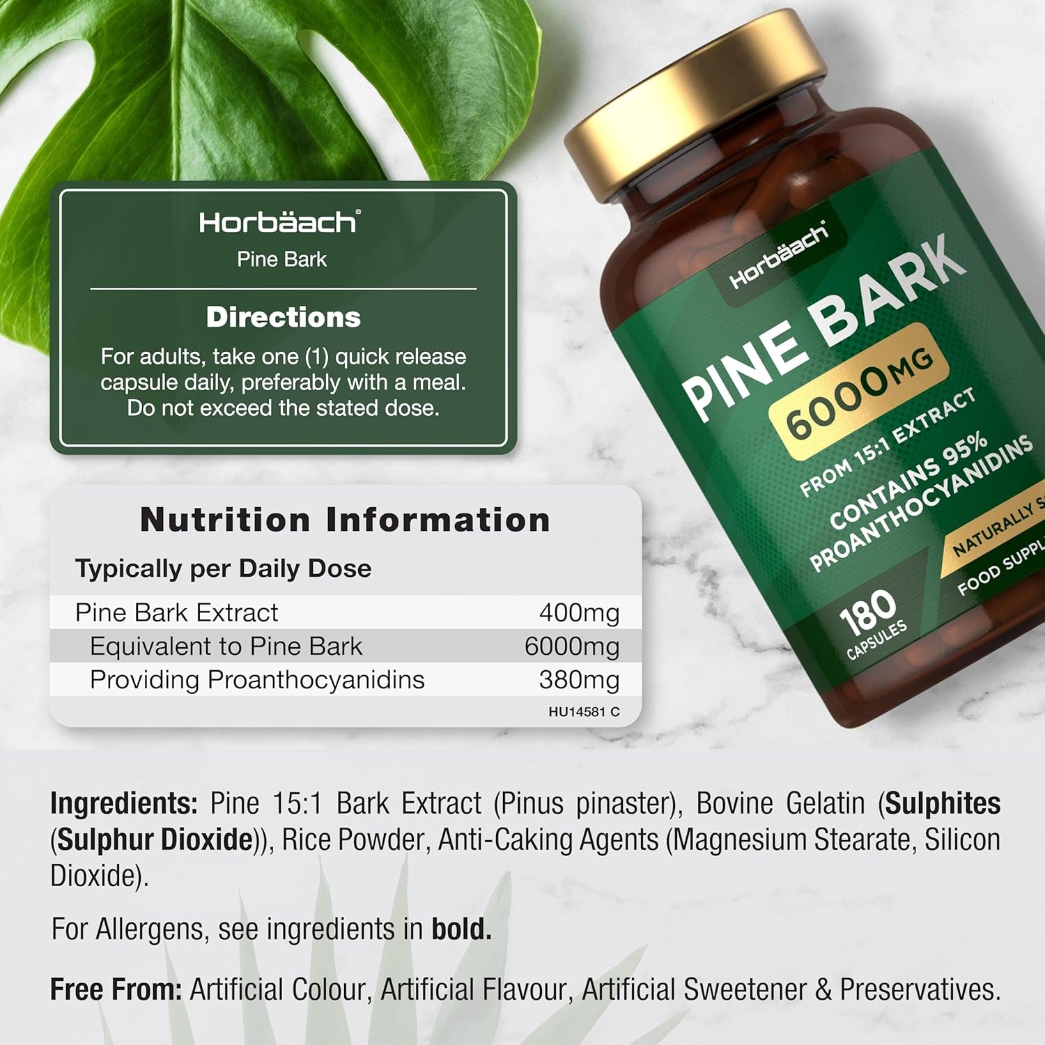 Pine Bark Extract Capsules 6000Mg | 180 Count | High Strength Supplement | 15:1 Pine Bark Extract | 95% Proanthocyanidins | by Horbaach