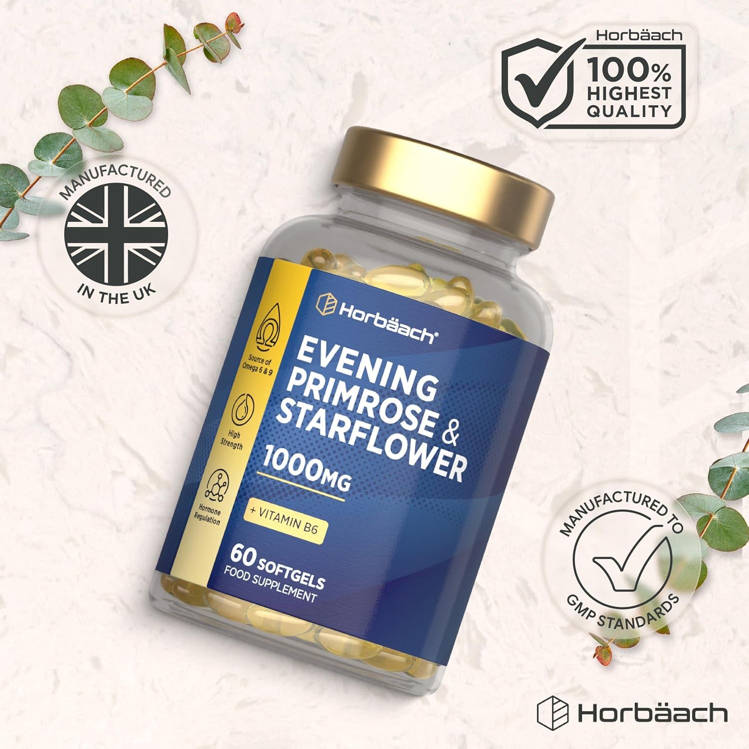 Evening Primrose and Starflower Oil Capsules 1000Mg | with Vitamin B6 | 60 Softgels | Rich Source of Omega 6 GLA & 9 Oleic Fatty Acids | by Horbaach