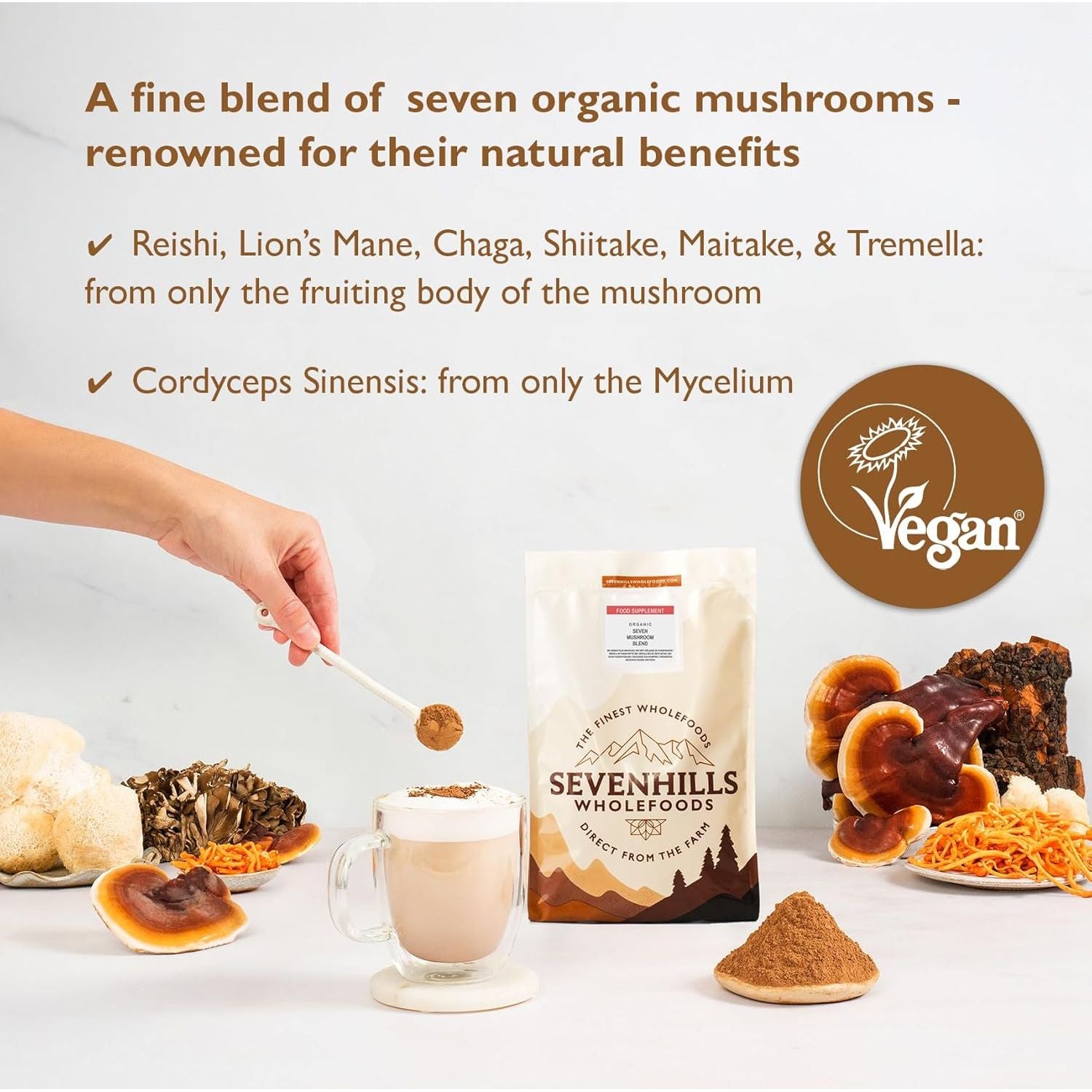 Organic 7 Mushroom Blend Powder 200G with Lion'S Mane, Reishi, Chaga, Cordyceps, Tremella, Maitake & Shiitake by Sevenhills Wholefoods