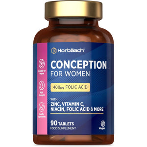 Conception Vitamins for Women | 400Μg Folic Acid for Fertility Support - 3 Months Supply | Multivitamin & Mineral Formula with Vitamin C, Iron, Zinc & More! | 90 Vegan Tablets | by Horbaach