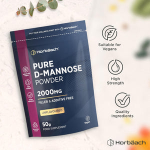 D Mannose Pure Powder 50G | 2000Mg | Unflavoured | Natural & Filler Free | Vegetarian & Vegan Friendly | High Strength Food Supplement | by Horbaach
