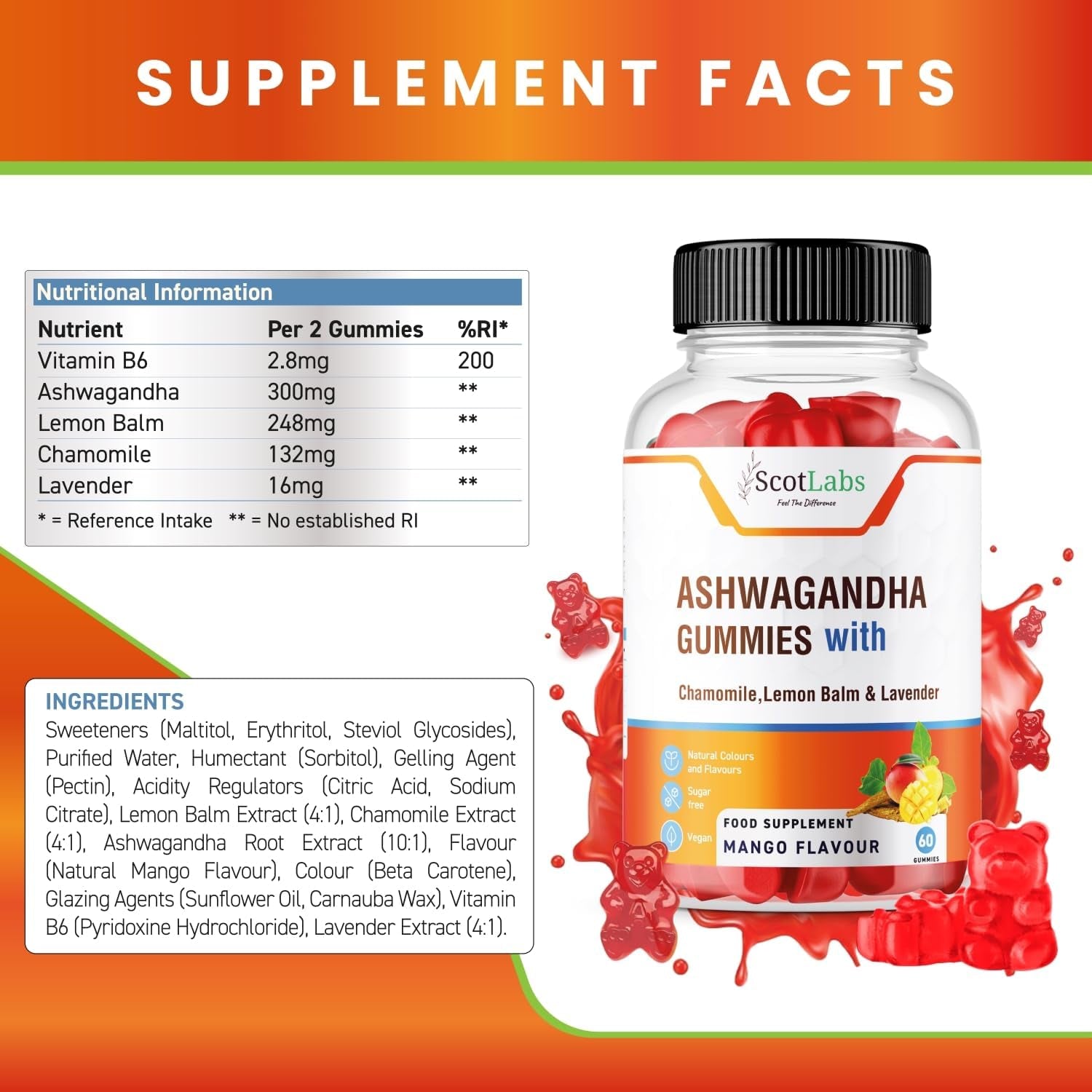 Scotlabs Reduce Stress Formula - Ashwagandha, Levander, Chamomile & Lemon Balm Gummies with Added Vitamin B6, Sugar-Free Vegan, Natural Mango Flavour Candy