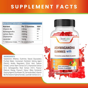 Scotlabs Reduce Stress Formula - Ashwagandha, Levander, Chamomile & Lemon Balm Gummies with Added Vitamin B6, Sugar-Free Vegan, Natural Mango Flavour Candy