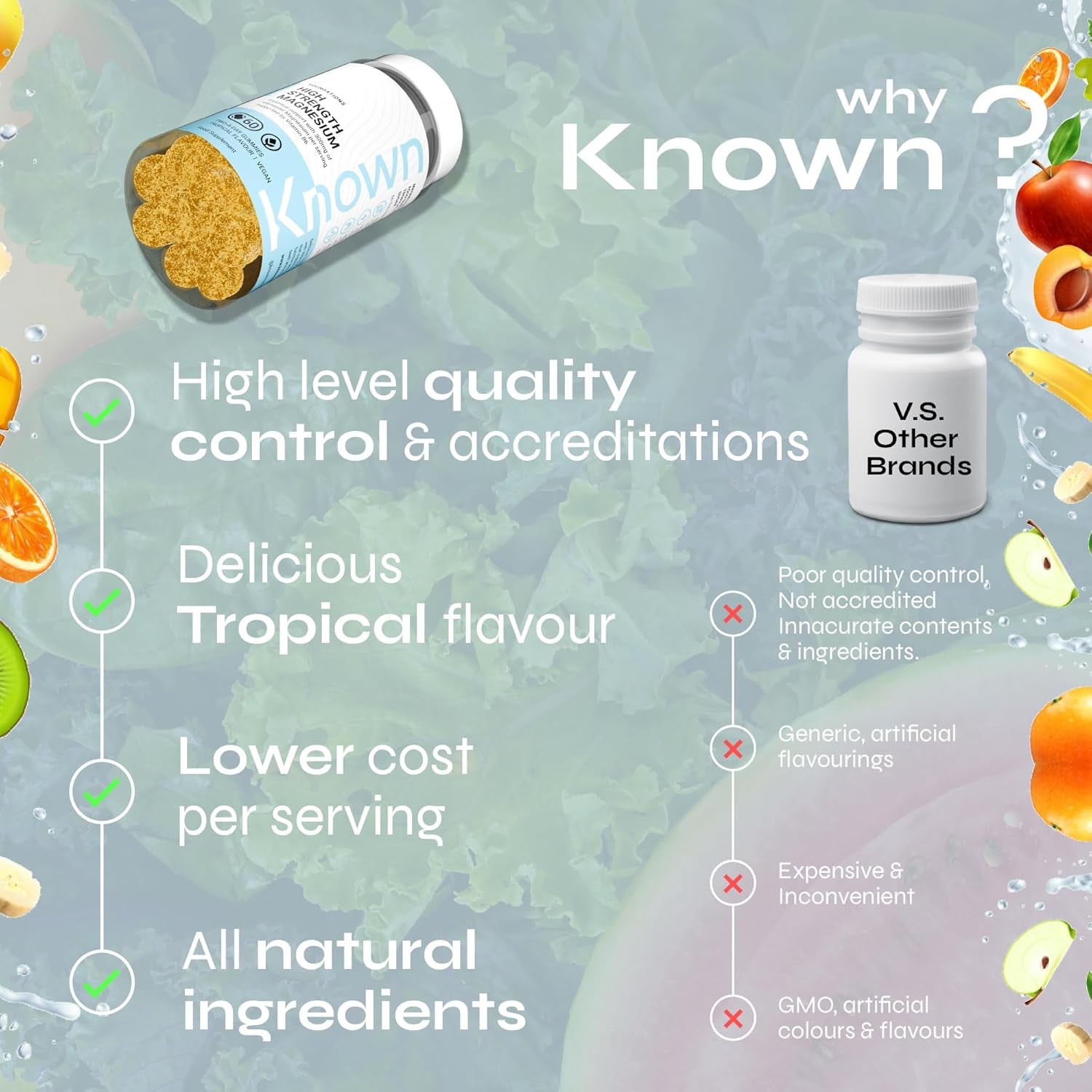 Known Delicious High-Strength Magnesium Gummies - 300Mg Elemental Magnesium - Natural Mixed Tropical Flavour - 60 Vegan Gummies, 1 Month Supply