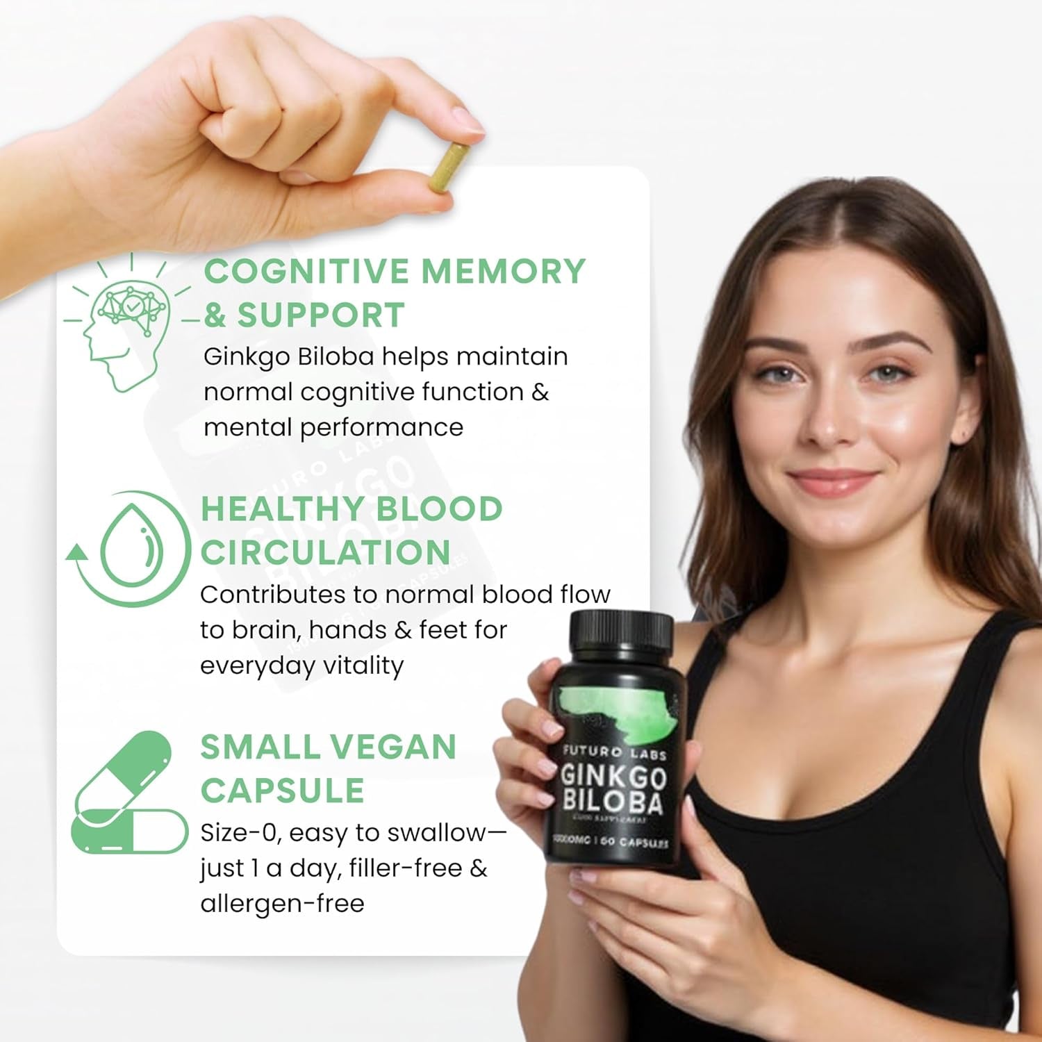 Ginkgo Biloba Capsules 15,000Mg - 60 Capsules (2 Months Supply) - Standardised Leaf Extract - High Strength, Vegan, Lab Tested & Gluten Free - Made in the UK