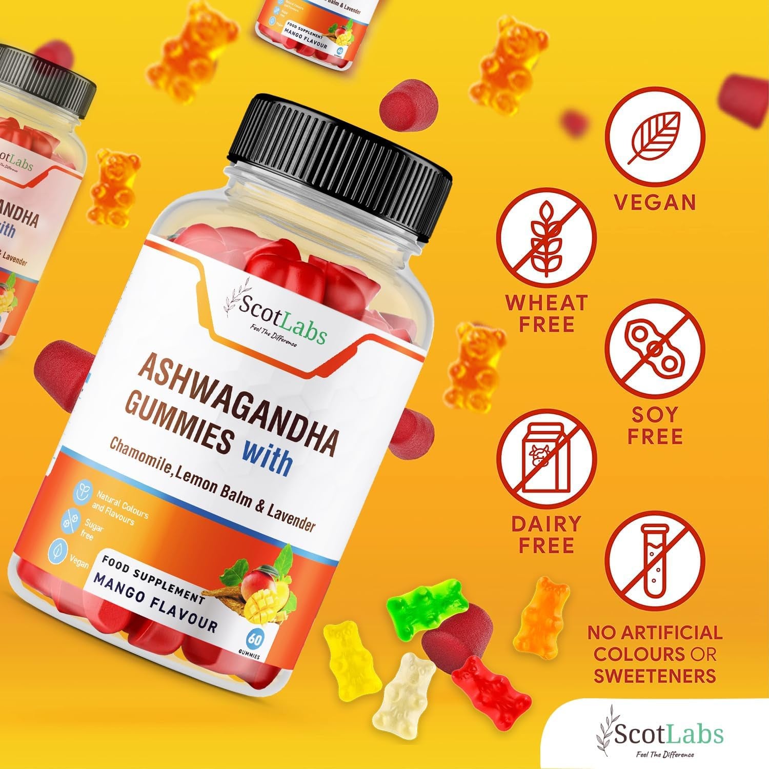 Scotlabs Reduce Stress Formula - Ashwagandha, Levander, Chamomile & Lemon Balm Gummies with Added Vitamin B6, Sugar-Free Vegan, Natural Mango Flavour Candy