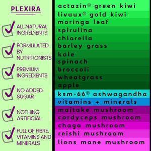 Super Greens Powder with Mushrooms 300G by Plexira – Natural Mango Greens Superfood Blend for Gut Health, Focus and Immunity