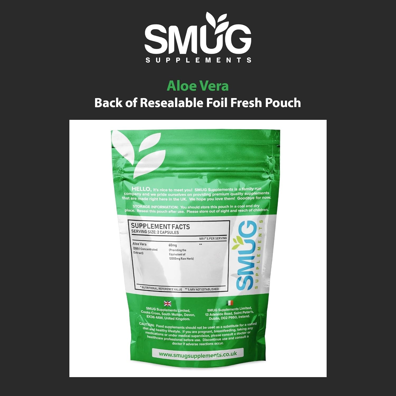 SMUG Supplements Aloe Vera - 60 Capsules - High Strength Natural Herb to Support Colon Cleanse and Detox - Two-A-Day - Equivalent to 12000Mg Leaf Juice - Made in Britain