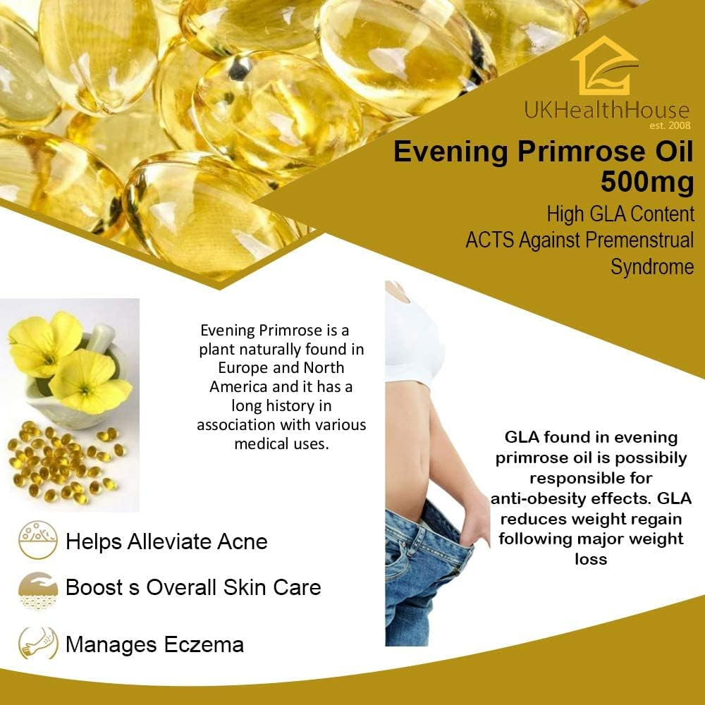Ukhealthhouse Evening Primrose Oil Capsules - 500Mg - High Strength - 45Mg GLA (30) - High Strength Omega 6 GLA Content Great for Skin Immune System