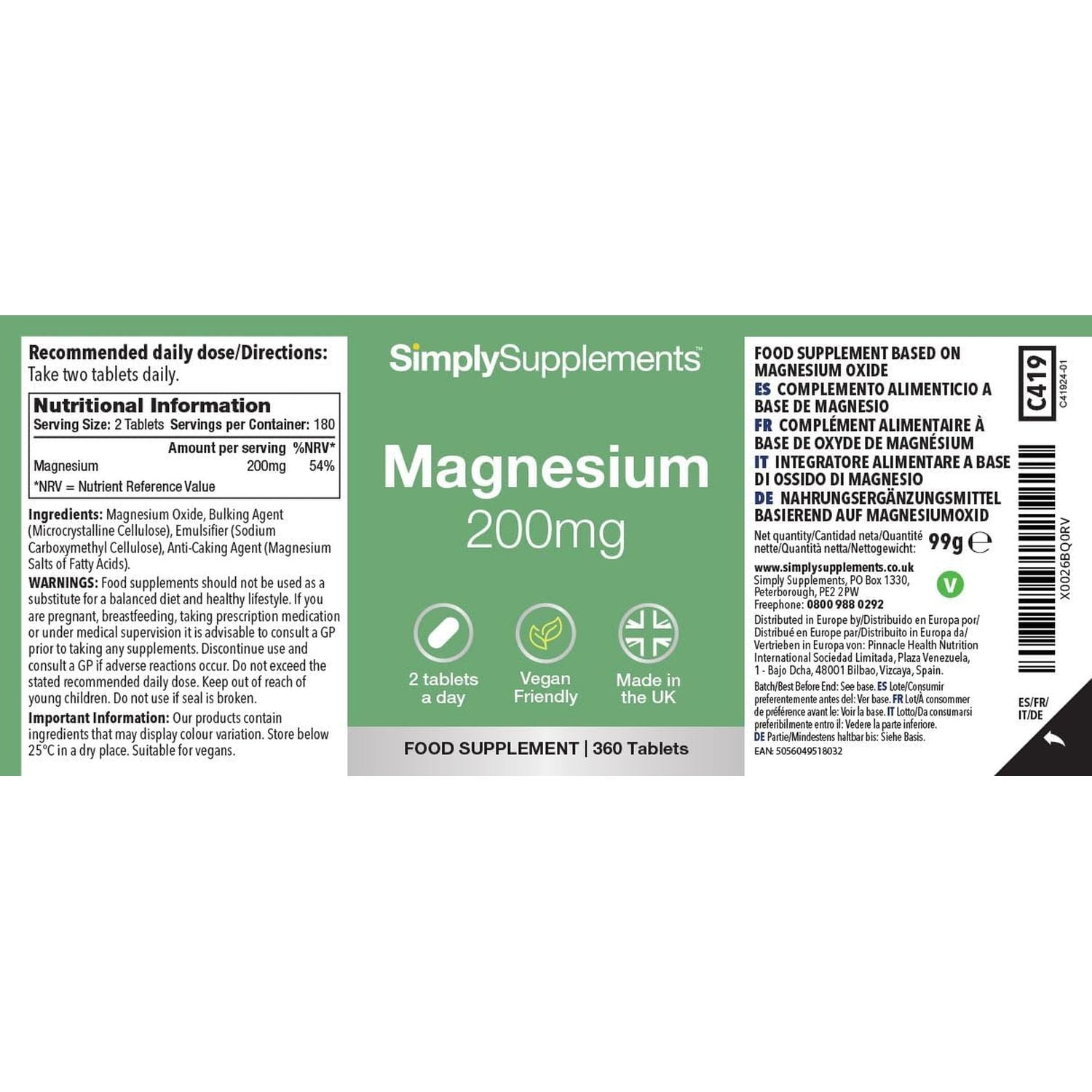 Magnesium 200Mg Tablets | Supports Normal Muscle Function | Vegan & Vegetarian Friendly | 360 Tablets = 6 Months’ of Supply | Made in the UK in Accordance with GMP Standards