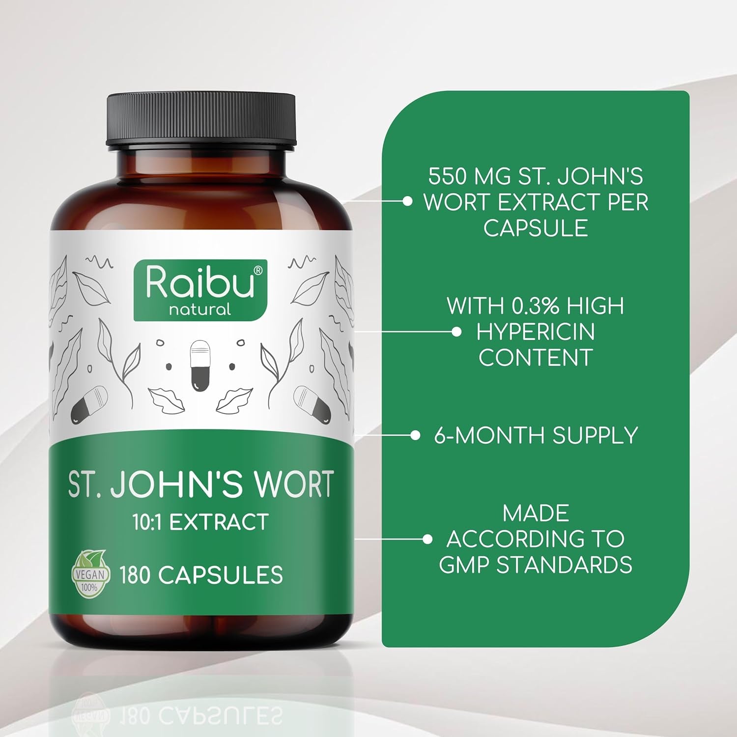 St John'S Wort - 550 Mg St John'S Wort Extract per Capsule - Mood & Emotional Wellbeing - Maximum Strength, 6-Month Supply - 180 Vegan Capsules, No Additives - Raibu