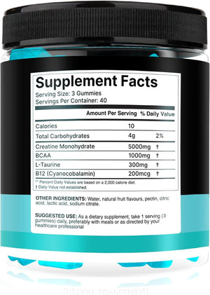 120 Creatine Gummies 6500Mg Sugar-Free Complex – Pre-Workout Creatine Monohydrate + BCAA, L-Taurine, B12 – Max Strength Chewable Gym Supplement – Vegan Gummy Chews for Men & Women – Primalvit