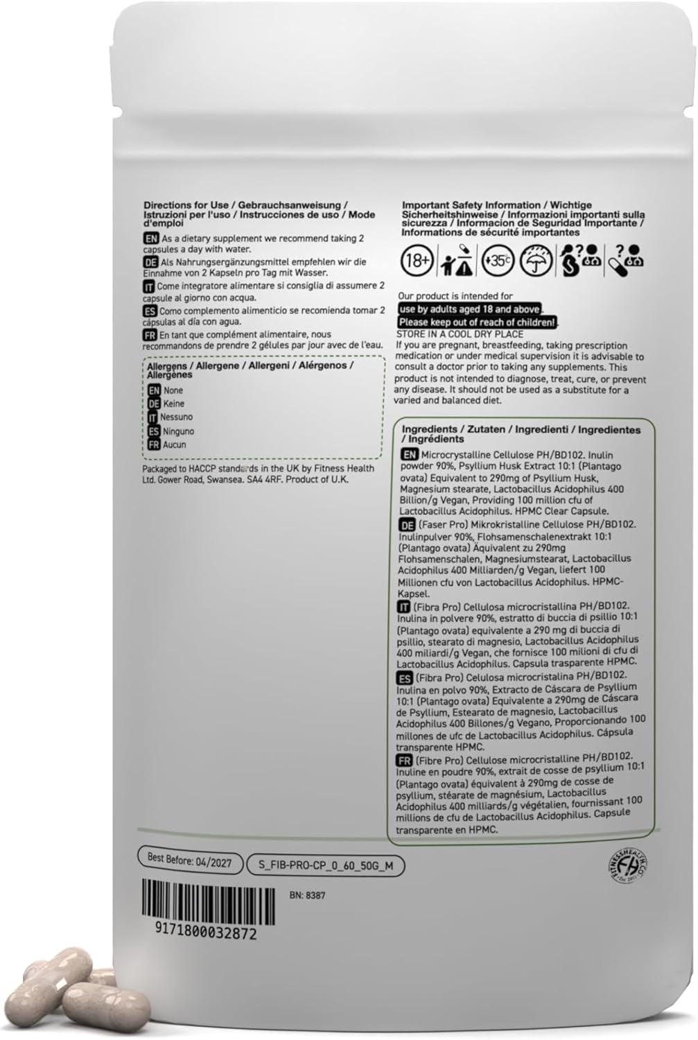 Fibre Pro Capsules - Inulin Powder Husk Powder Digestive System Supplement 60 Capsules