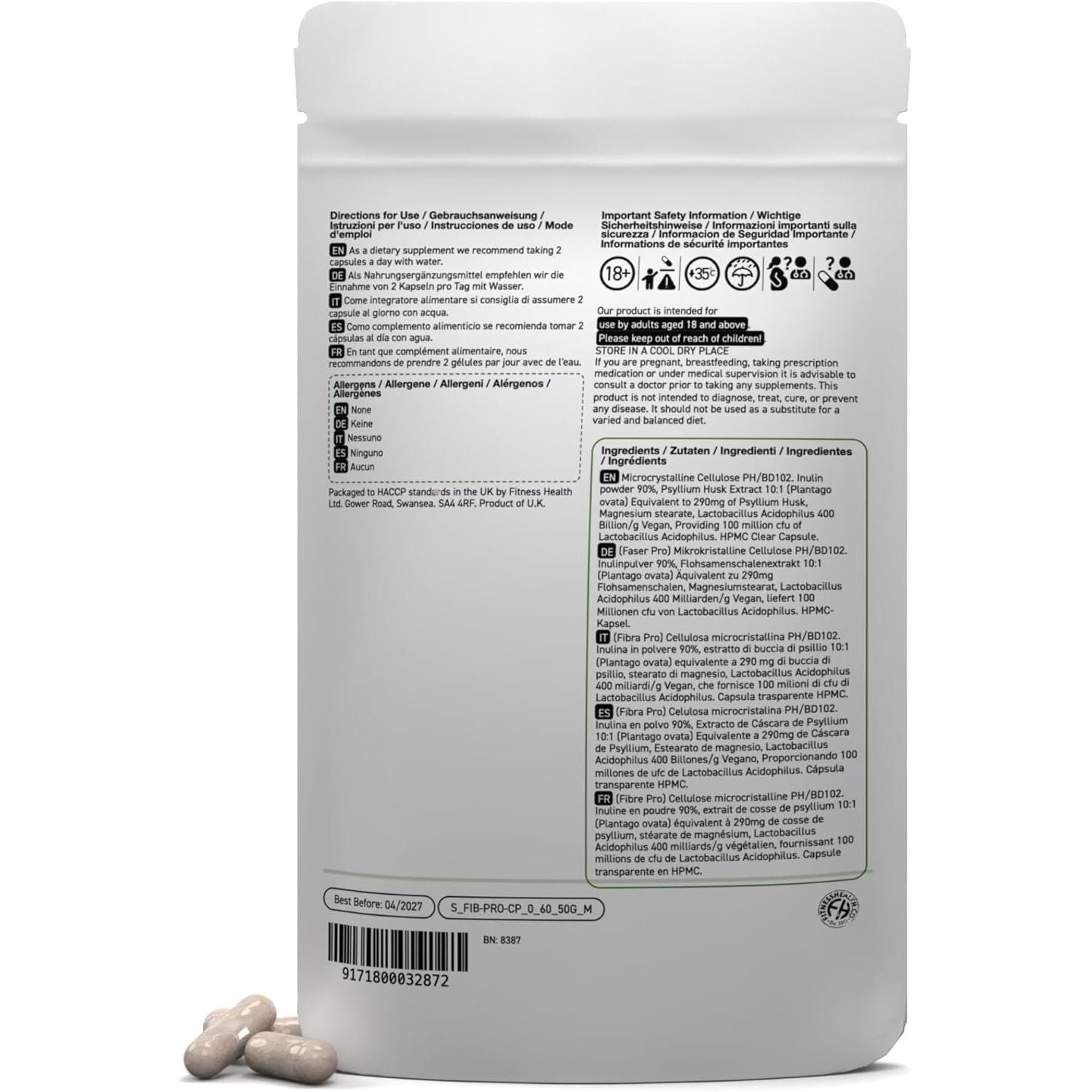 Fibre Pro Capsules - Inulin Powder Husk Powder Digestive System Supplement 60 Capsules