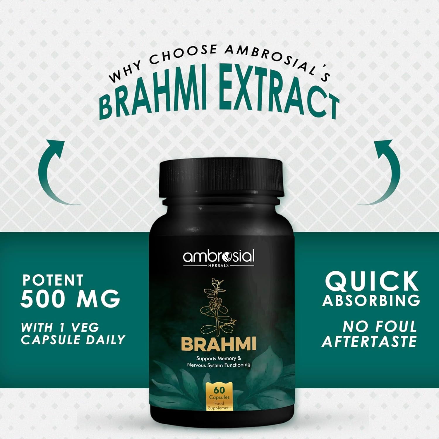 Bacopa Monnieri Brahmi Capsules - 500Mg 60 Tablets | | Bacopa Extract | Non - GMO | Gluten & Allergen Free | Brain Supplement | 100% Natural Ingredients | by Ambrosial