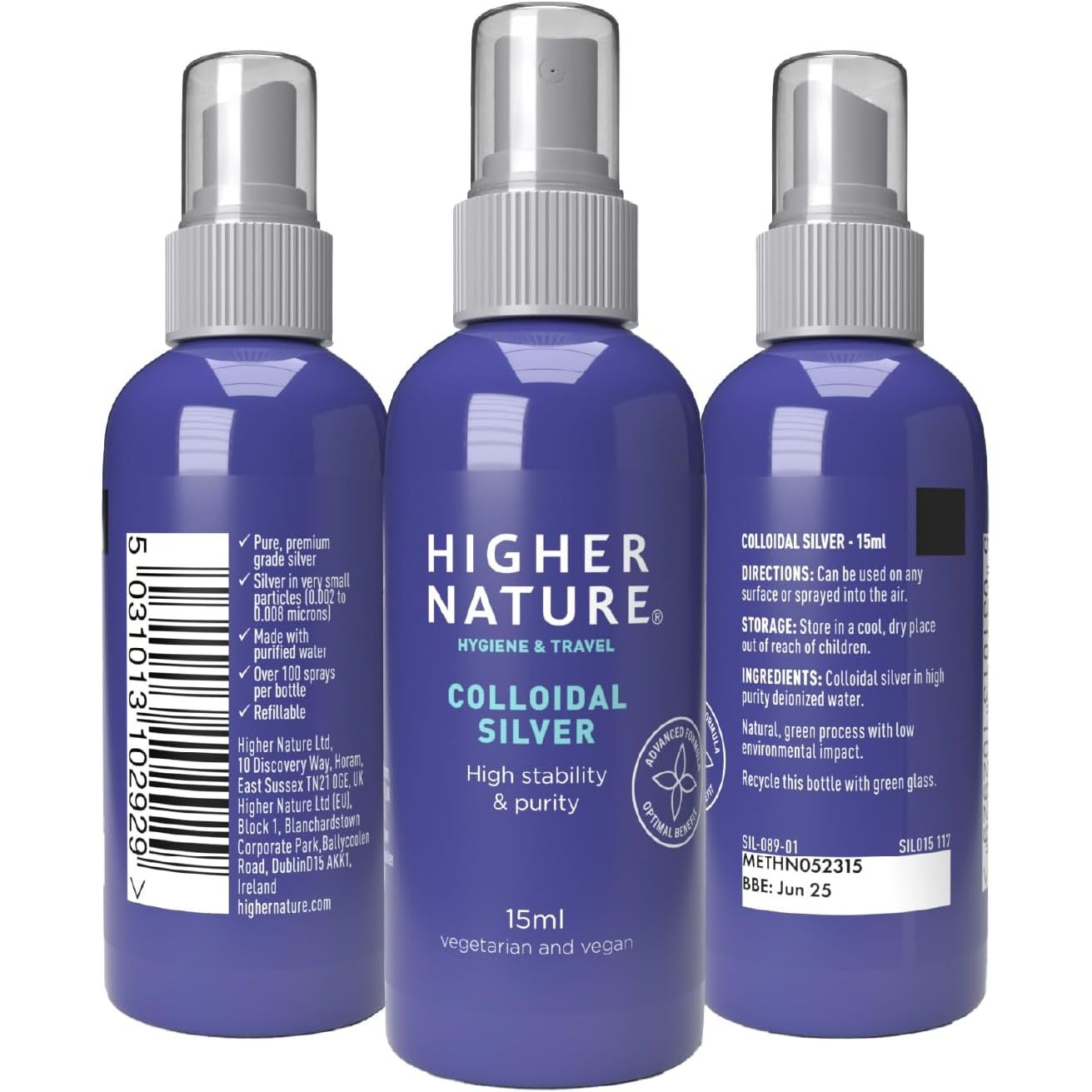 Higher Nature - Colloidal Silver - Purified Water with Premium Grade Silver - Antiseptic Spray, Disinfectant Spray, Colloidal - 15Ml