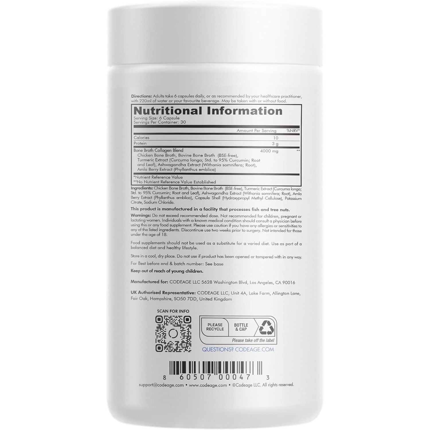 Codeage Bone Broth Collagen Capsules Grass Fed - Pasture Raised Chicken Bone Broth Collagen - 180 Capsules