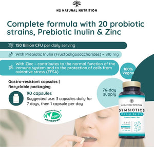 Probiotics 150 Billion CFU – 20 Multi Strains with Prebiotic, Inulin & Zinc – High Strength Vegan Supplement – Gastro Resistant Capsules – 76 Day Supply – N2 Natural Nutrition