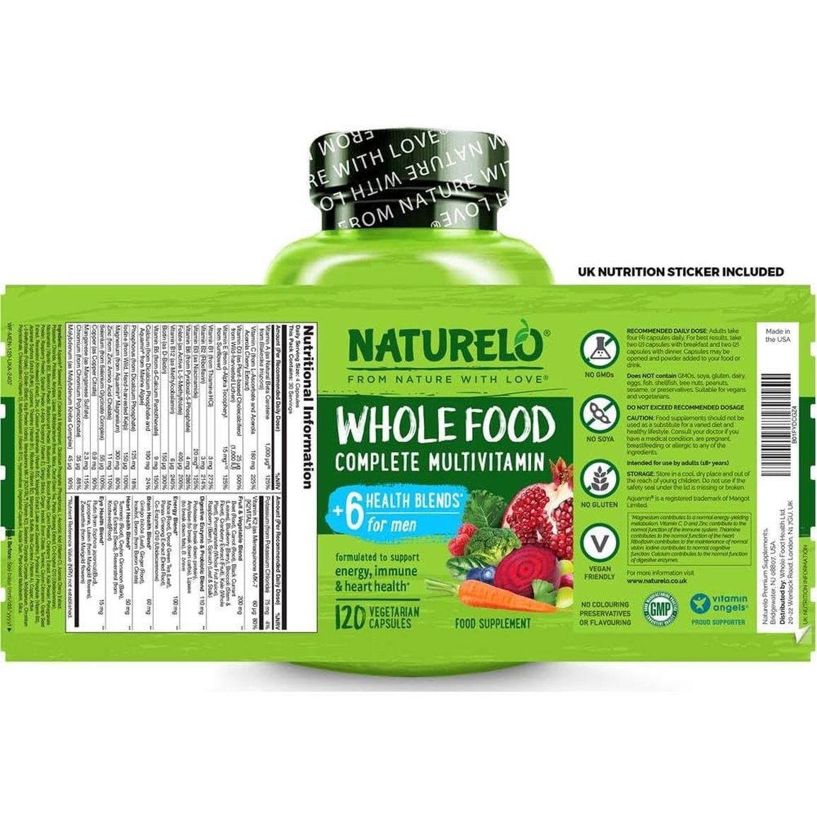 NATURELO Whole Food Multivitamin for Men - with Natural Vitamins, Minerals, Botanical Blends - Complete All-In-One Formula for Energy, Brain, Heart, Eye Health - 120 Vegan Capsules | 1 Month Supply