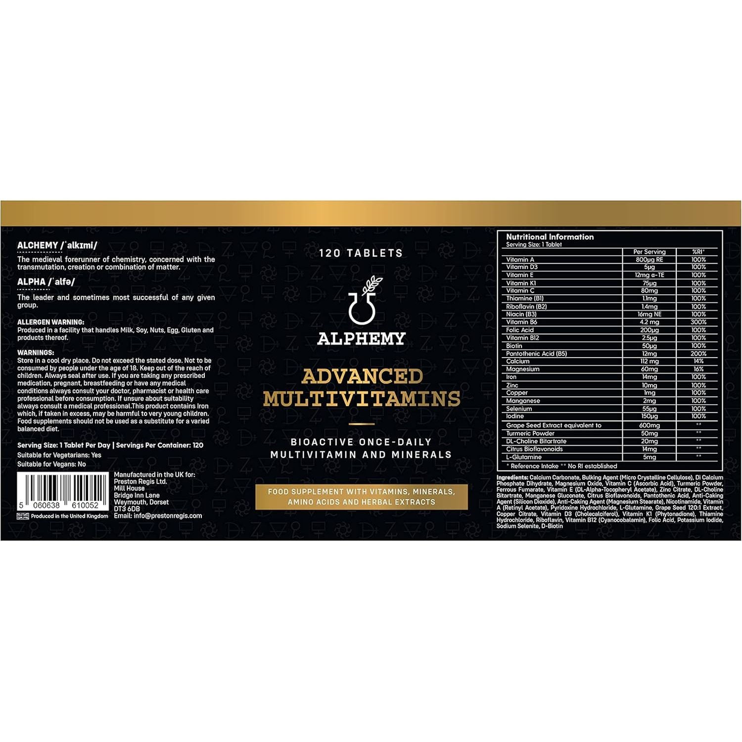 Advanced Multivitamin & Minerals | 120 Tablets / 4 Month Supply | 26 A-Z High Strength Bioactive Vitamins, Minerals, Antioxidants & Herbal Extracts. Daily Supplement for Men & Women. UK Made Alphemy