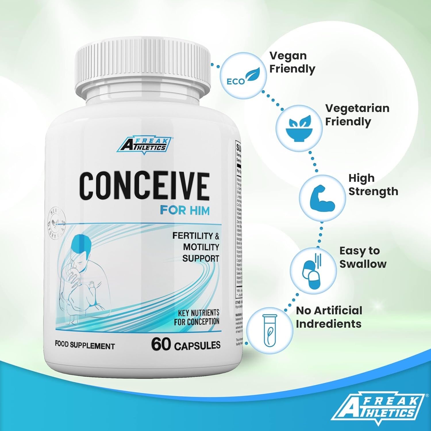 Freak Athletics Conceive for Him Fertility Supplements for Men - Male Fertility Supplements - Vitamins & Minerals plus Key Nutrients for Male Fertility & Motility 60 Capsules