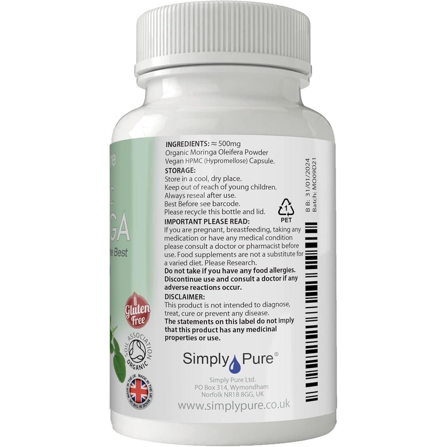 Simply Pure Organic Moringa Oleifera for Heart Health | 500Mg Capsules X 90 | 100% Pure Soil Association Certified | Gluten Free | GM Free | Vegan