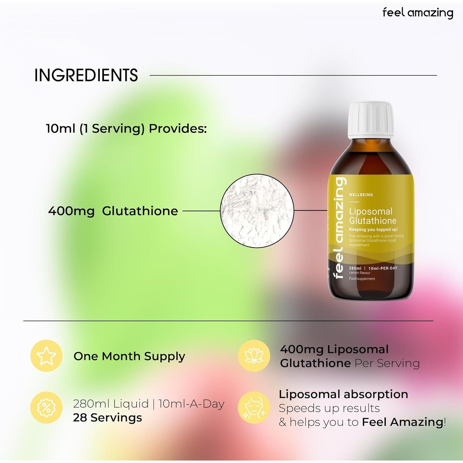 Feel Amazing Liposomal Glutathione Liquid 280Ml - 400Mg/Serving - Antioxidant Boost - Immune System Superhero - 3 Essential Amino Acids