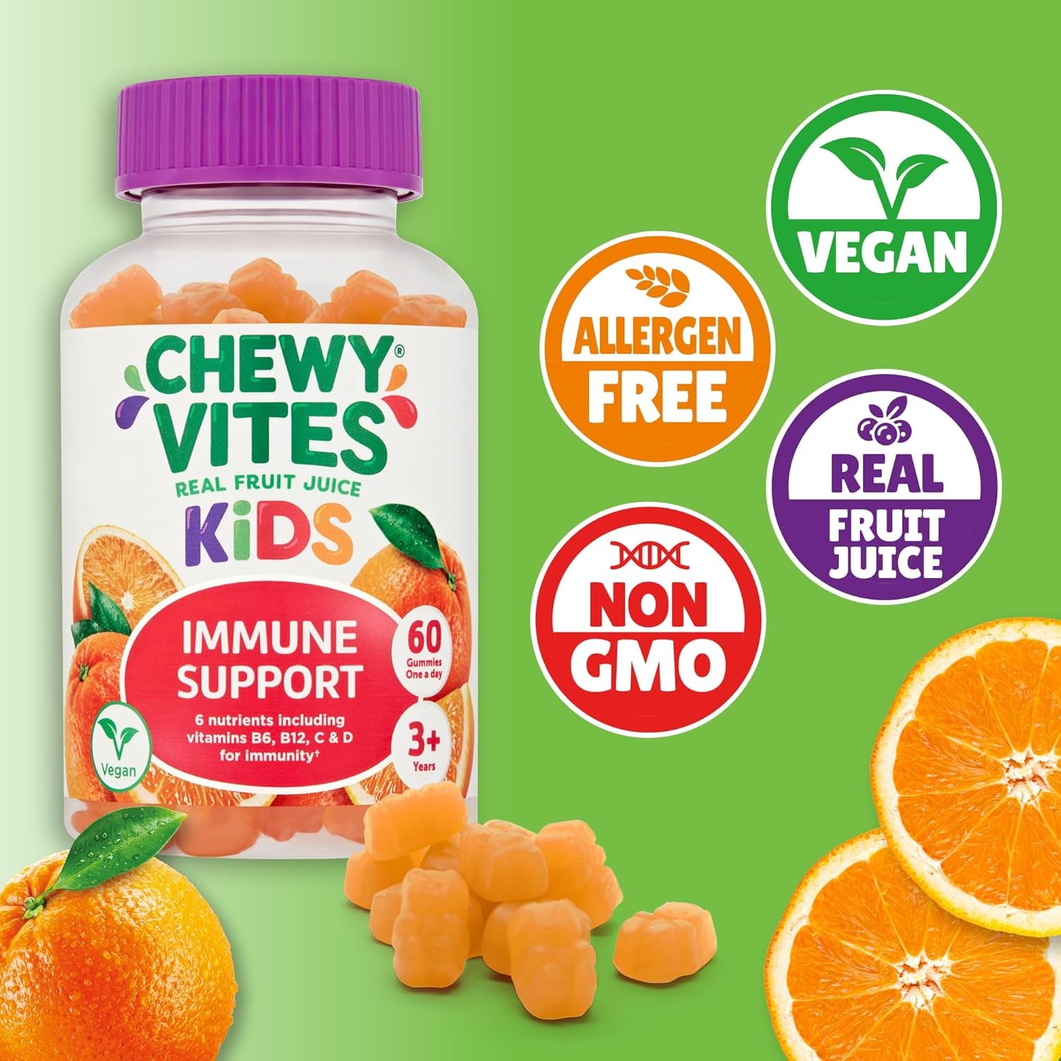 Chewy Vites Kids Immune Support, 60 Kids Vitamins Gummies, High Strength Vitamin D, Vit C, B6, B12, Zinc, Selenium, 2 Months Supply, Real Fruit Juice, Vegan, Age 3 +, Orange Flavour