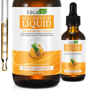 Magnesium Glycinate Liquid Drops - Liquid Magnesium Complex Supplement - Pineapple Flavour, High Absorption, Vegan & Non-Gmo, Support Muscle Relaxation, Bowel Health & Sleep, 60Ml