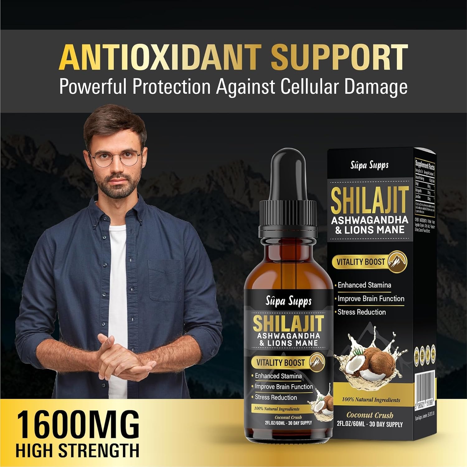 Shilajit, Ashwagandha, Lions Mane Liquid Drops - 120Ml Coconut Flavour - Testosterone Booster for Energy, Focus & Vitality - Ashwagandha & Lions Mane Supplement for Men - Natural Shilajit Complex 2Pk