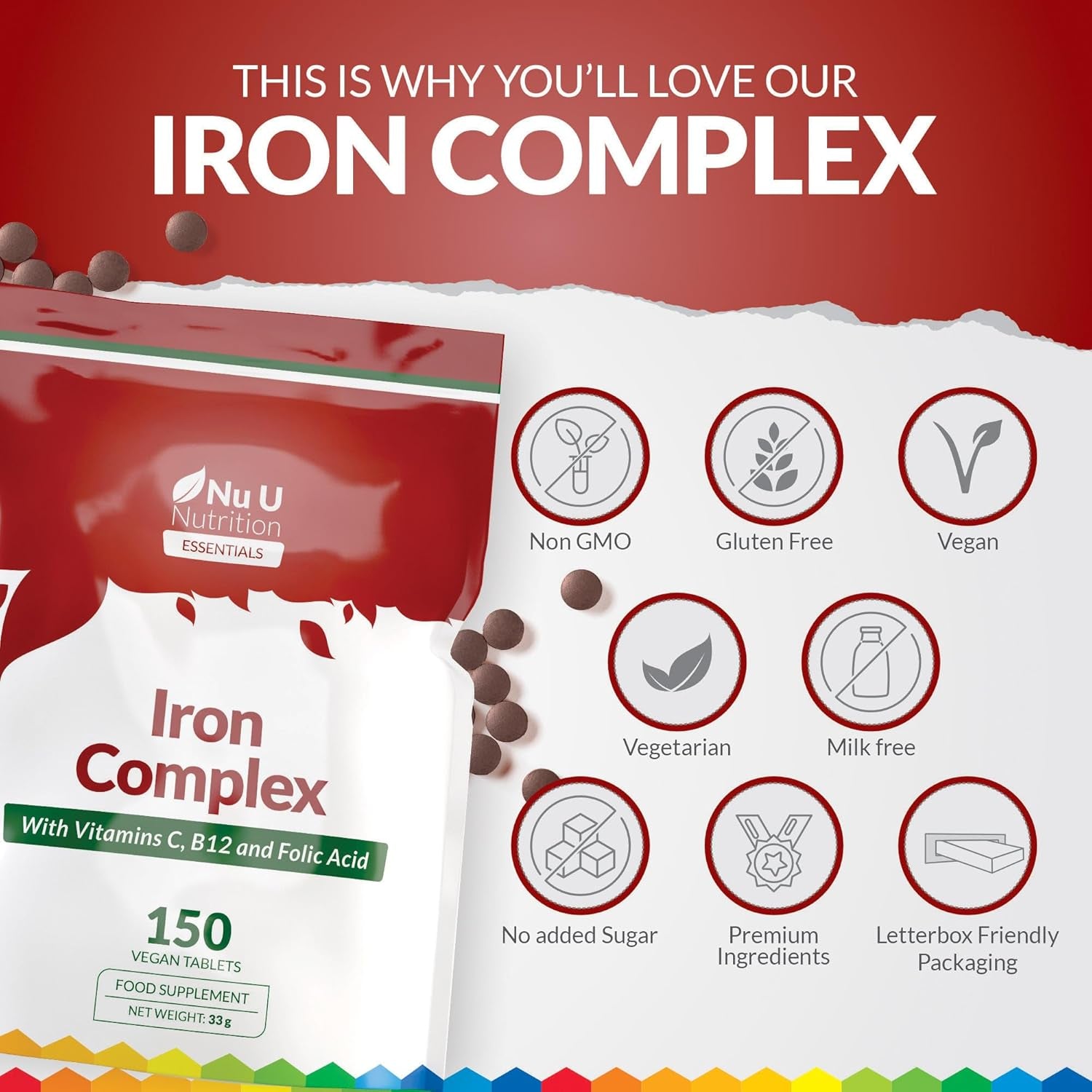 Iron Supplement - 150 Vegan Tablets - Complex with Vitamin C, B12 and Folic Acid - High Strength Ferrous Fumarate 14Mg per Tablet - Energy Support for Women & Men - Made in the UK - Nu U Nutrition