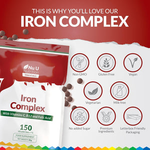 Iron Supplement - 150 Vegan Tablets - Complex with Vitamin C, B12 and Folic Acid - High Strength Ferrous Fumarate 14Mg per Tablet - Energy Support for Women & Men - Made in the UK - Nu U Nutrition