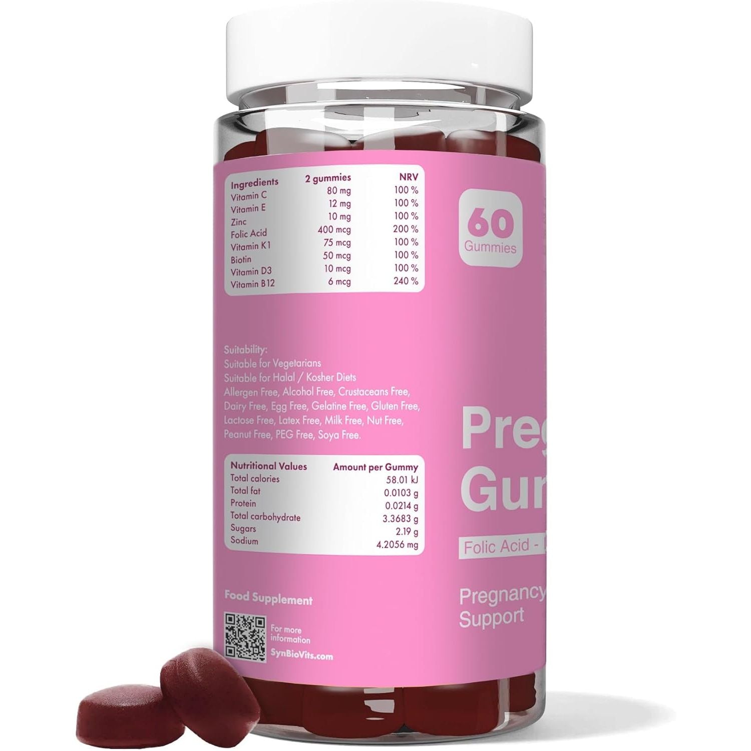 Synbio Pregnancy Gummies | Prenatal Multivitamin with Folic Acid, Vitamin D3, B12, Zinc & More | Gelatin Free, Vegetarian, Nut Free | 60 Mixed Berry Gummies for Daily Pregnancy Support