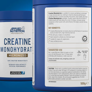 Applied Nutrition Creatine Monohydrate Powder 500G – 100% Micronized Creatine – 5G per Serving – Unflavoured – Supports High-Intensity Performance – 100 Servings
