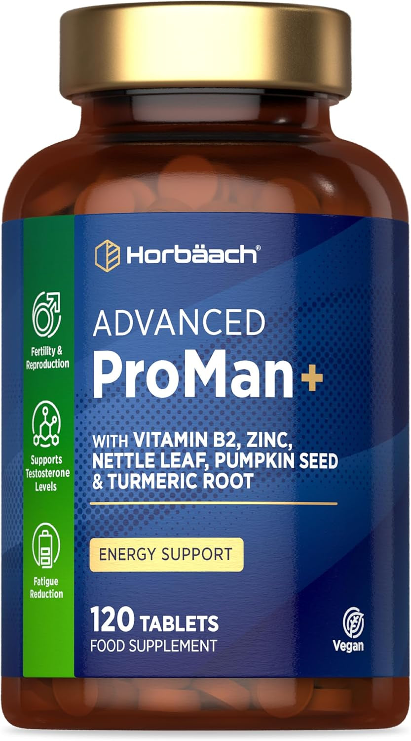 Proman+ Supplement for Men | Complex Formula with Pumpkin Seed, Nettle Leaf, Vitamin B2, Zinc and Turmeric Root | 120 Vegan Tablets | by Horbaach