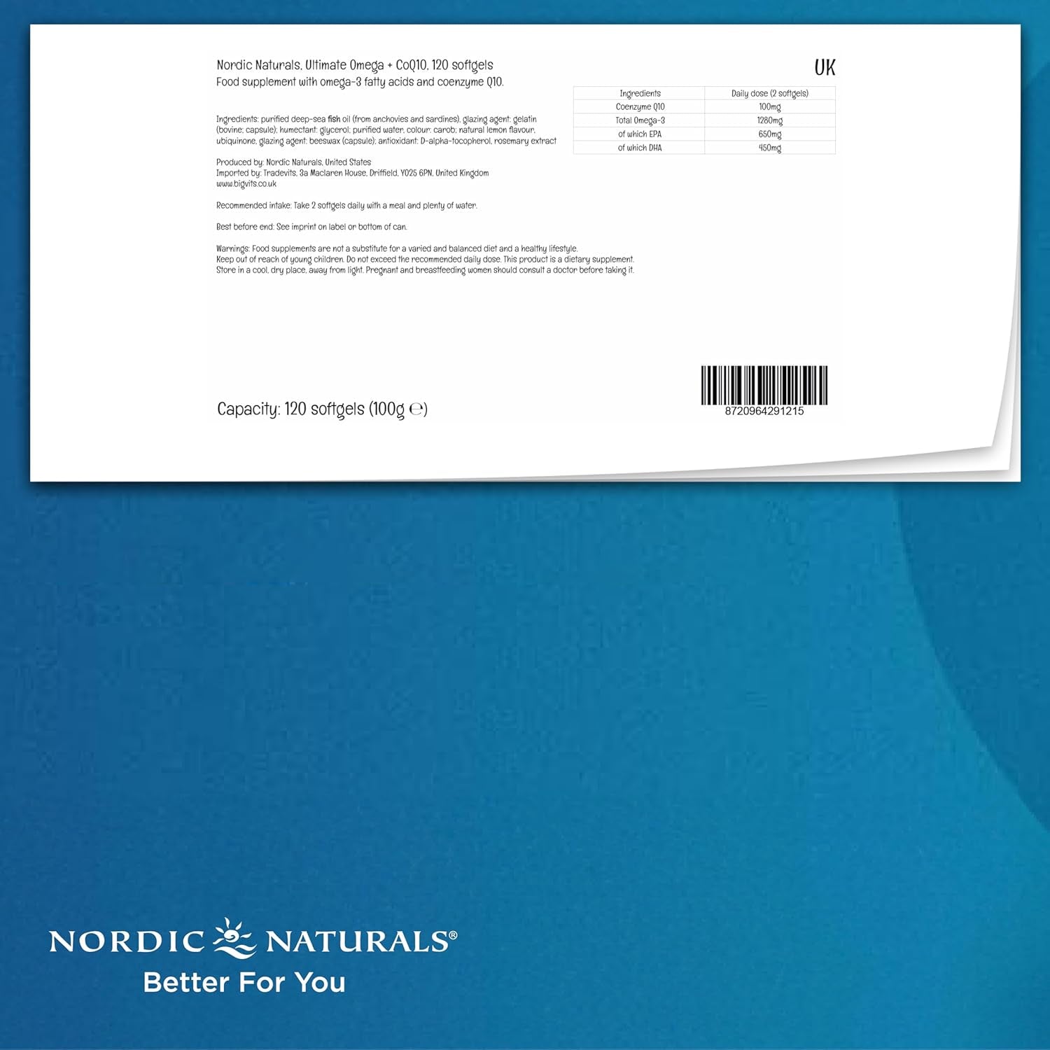Nordic Naturals, Ultimate Omega-3 + Coq10, 1280Mg Omega-3, with EPA, DHA and Coenzyme Q10, High Dose, Lemon Flavour, 120 Softgels, Soy Free, Gluten Free, Non GMO