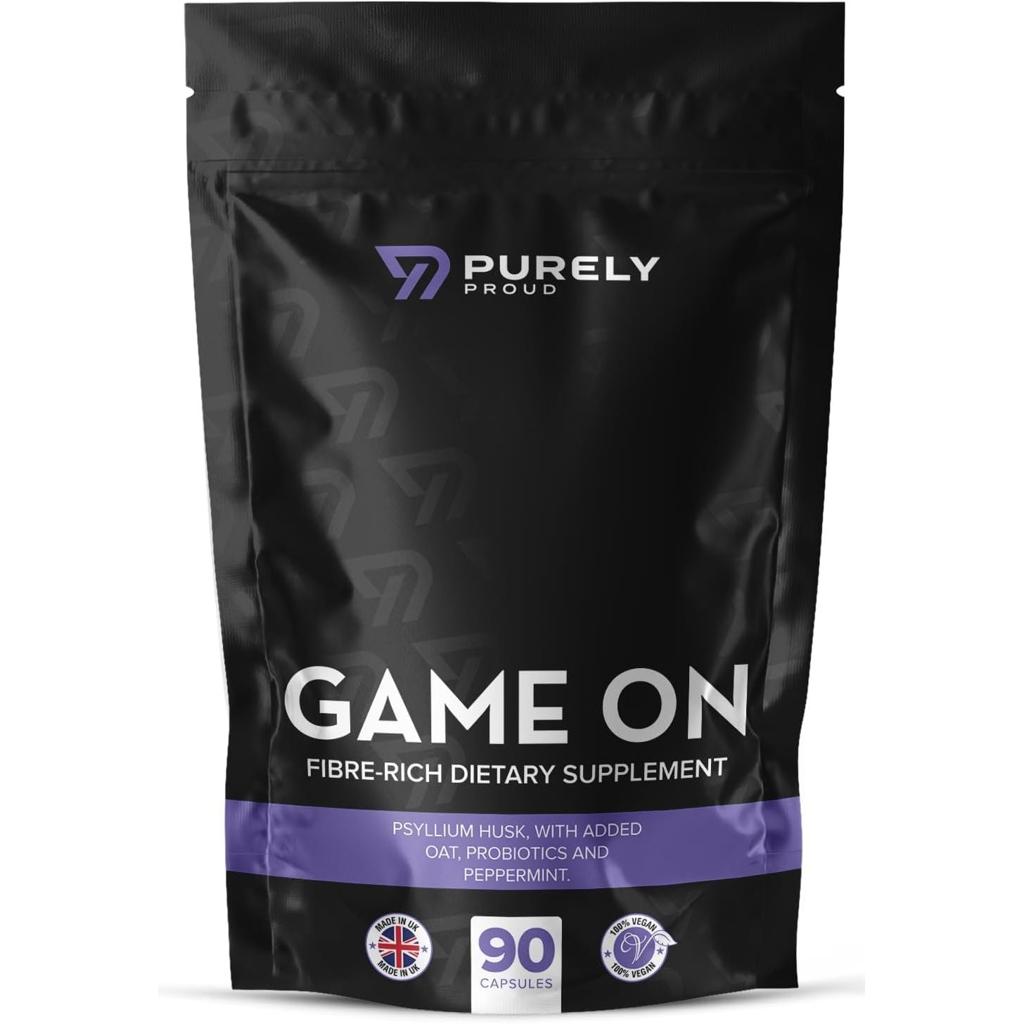 Purely Proud Game on – Fibre Rich Supplement for Bottoms | Stay Ready with Psyllium Husk, Probiotics, Peppermint | Supports Digestion, Gut Health & Clean Confidence | Vegan | 90 Capsules | Made in UK