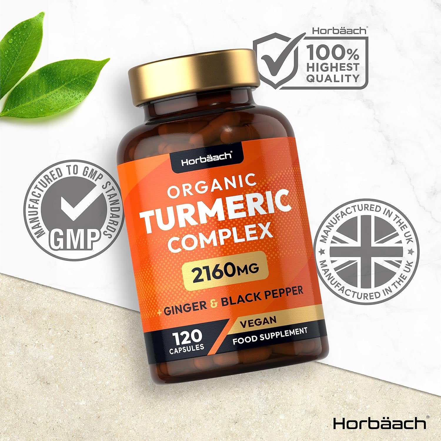Organic Turmeric and Black Pepper Capsules | 2160Mg | High Strength Curcumin with Ginger | 120 Vegan Capsules | by Horbaach