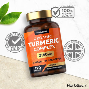 Organic Turmeric and Black Pepper Capsules | 2160Mg | High Strength Curcumin with Ginger | 120 Vegan Capsules | by Horbaach