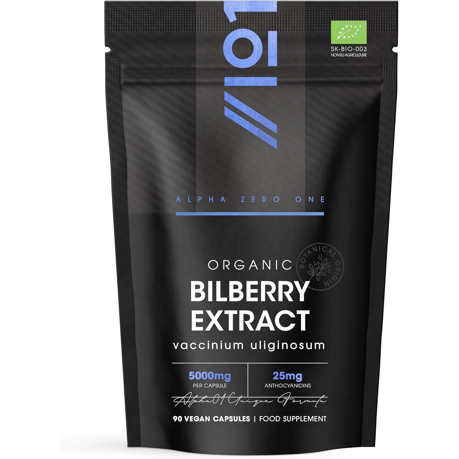 Organic Bilberry Extract 5000Mg – High Strength 5% Anthocyanidins – 90 Vegan Capsules (3 Months Supply) – Resealable and Recyclable Pouch – by Alpha01