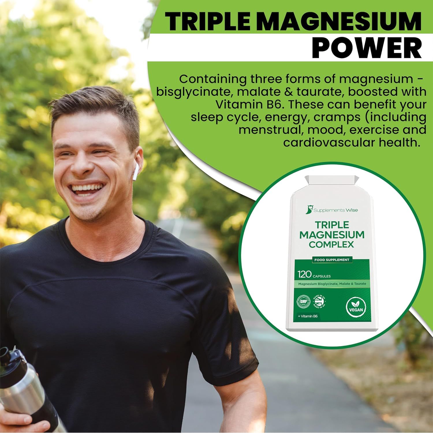 Triple Magnesium Complex - 3 in 1 Blend - Bisglycinate, Malate and Taurate with Vitamin B6 - Magnesium Complex Supplements Suitable for Women and Men - 120 High Strength Capsules